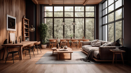 Fototapeta na wymiar Wooden living room interior with eating table and couch, panoramic window. Generative AI