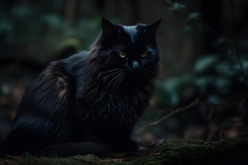 Naklejka na ściany i meble Mesmerizing Black Cat Sitting on Mysterious Stone in Eerie Forest Created with generative AI.