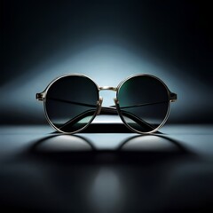 Dark background being illuminated with a backlight and in front of glasses reflecting light through their lenses made with Generative AI