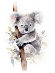 Watercolor Illustration of a Cute Little Baby Koala in Pastel Light Colors on a White Background