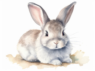 Watercolor Illustration Of A Baby Rabbit  Bunny On a White Background in Light Pastel Colors