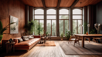 Naklejka premium Wooden living room interior with eating table and couch, panoramic window. Generative AI