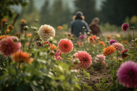 Happy farmers or gardeners working outdoors at community farm