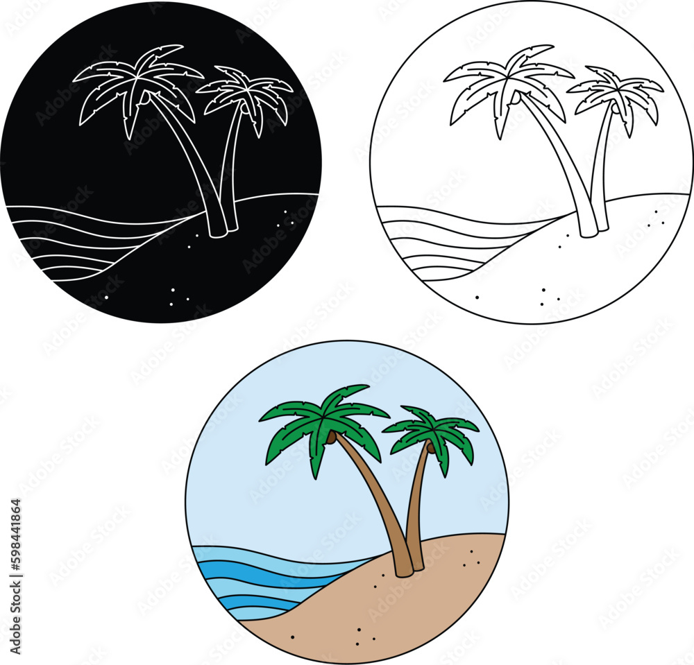 Sticker Tropical Vacation Island Graphic - Outline, Silhouette & Color Clipart