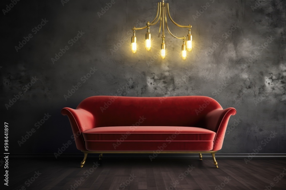 Wall mural red couch in a dark room with a chandelier. Generative AI