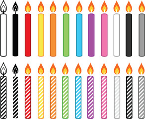 Birthday Candle Clipart with Solid and Stripes - Outline, Silhouette & Color