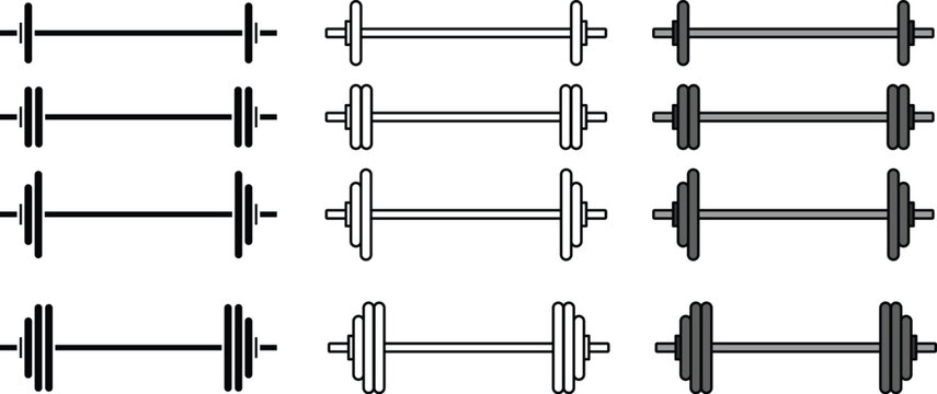 Barbell Gym Weights Clipart Set - Outline, Silhouette and Color