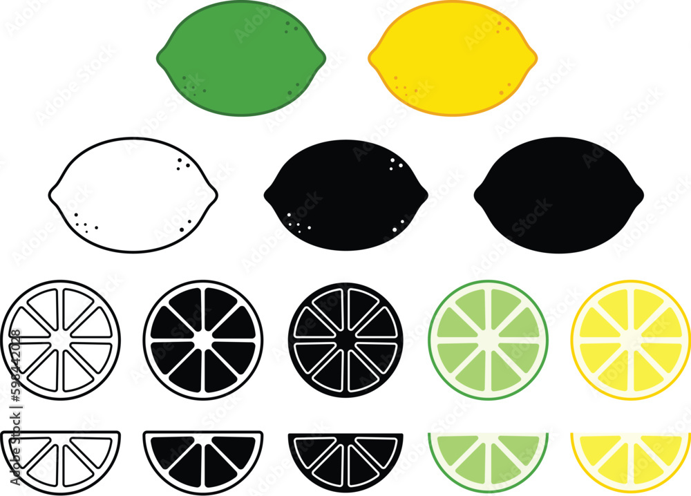 Wall mural Lemon or Lime Citrus Fruit Clipart Set - Whole, Half and Wedge - Wall murals