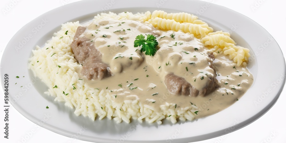 Poster rice and meat in a creamy sauce generative ai generative ai