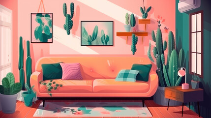 Bright illustration with a sofa, houseplants in pots and picture frames. Generative AI