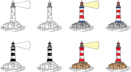 Lighthouse on the Coast Clipart Set - Outline, Silhouette & Color