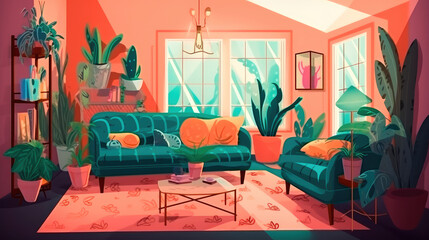 Bright illustration with a sofa, houseplants in pots and picture frames. Generative AI