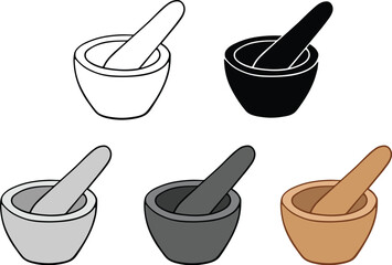 Mortar and Pestle Grinder Clipart Set - Outline, Silhouette & Color