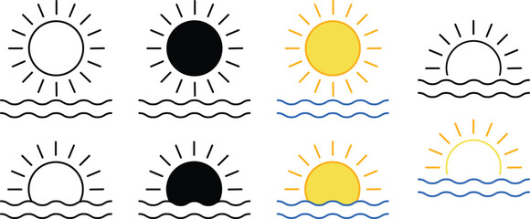 Sun and Ocean Waves Clipart Set - Outline, Silhouette & Color	