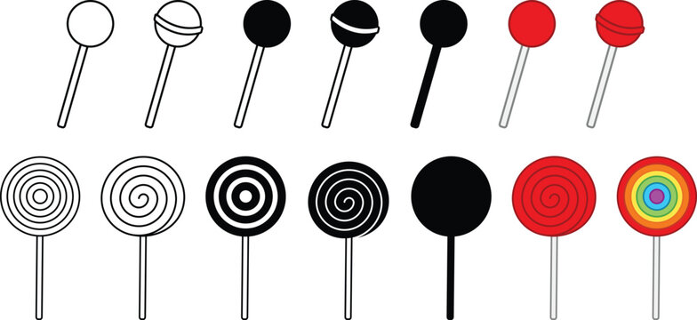 Lollipop / Sucker Round and Spiral Clipart Set - Outline, Silhouette & Color