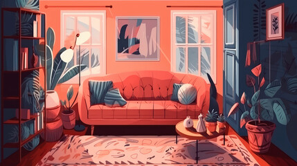 Bright illustration with a sofa, houseplants in pots and picture frames. Generative AI