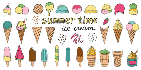 Big colorful set of ice cream in doodle style. Ice cream waffle cones, ice cream bars on sticks. Prefabricated ice cream cones and popsicles with various fillings. Great for summer dessert menu design