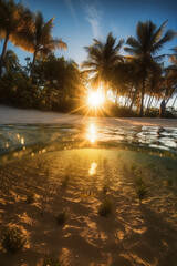 Photograph of beautiful inviting beach scene with sunset sky. AI generative