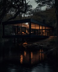 Obraz premium Cosy modern house with large glas windows. Located in the forest with a lake.