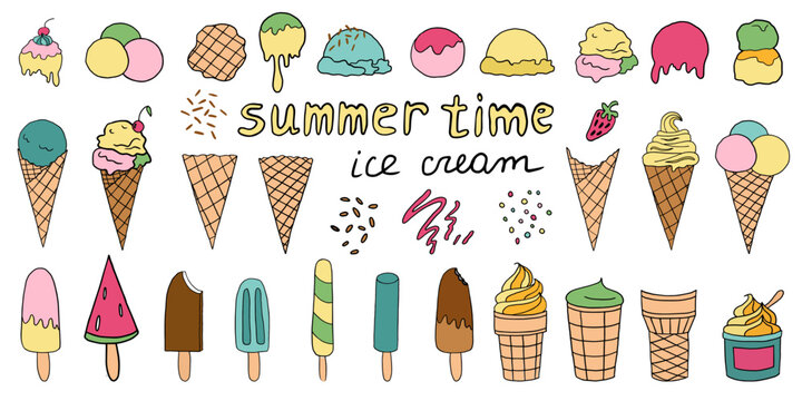 Big colorful set of ice cream in doodle style. Ice cream waffle cones, ice cream bars on sticks. Prefabricated ice cream cones and popsicles with various fillings. Great for summer dessert menu design