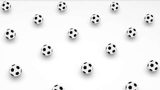 Abstract 3d render of grid of black and white ball or soccer ball shapes in isometric view. Computer generated loop animation. Football pattern, 4K seamless animated sport background