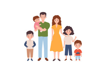 Large family parents and children group, flat vector illustration isolated.