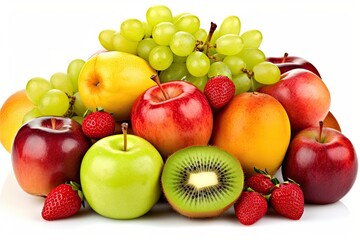 assorted fresh fruits on a clean white background. Generative AI