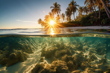 Fototapeta na wymiar Photograph of beautiful inviting beach scene with sunset sky. AI generative