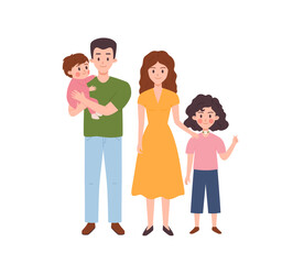 Happy big family of parents and children, flat vector illustration isolated.