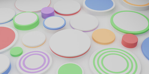 3d gray cylinders with colored elements, circles, walls, 3d rendering