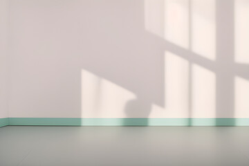 Empty wall and floor, soft beautiful spotted sunlight, shadow on light wall for luxury organic cosmetics, skin care. Place for text, generative ai	