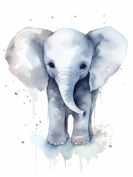Watercolor Illustration Of Baby Elephant In Light Pastel Colors on a White Background