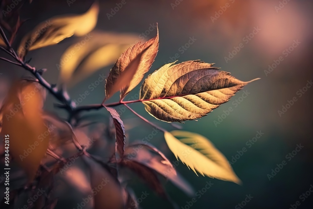 Poster image of a hazy autumn plant in macro focus, with a large banner in the backdrop. generative ai gene