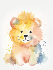 Watercolor Illustration of a Cute Baby Lion On A White Background in Light Pastel Colors