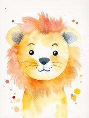 Watercolor Illustration of a Cute Baby Lion On A White Background in Light Pastel Colors