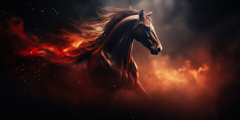 Stylized portrait of horse in the smoke and fire. Generative AI  - 598442862