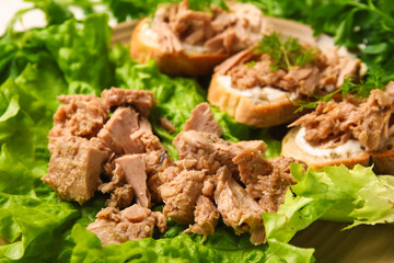 Plate with delicious canned tuna and fresh herbs, closeup