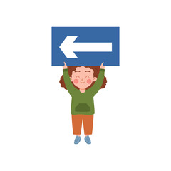 Child holding road sign or banner with direction pointer, flat vector isolated.