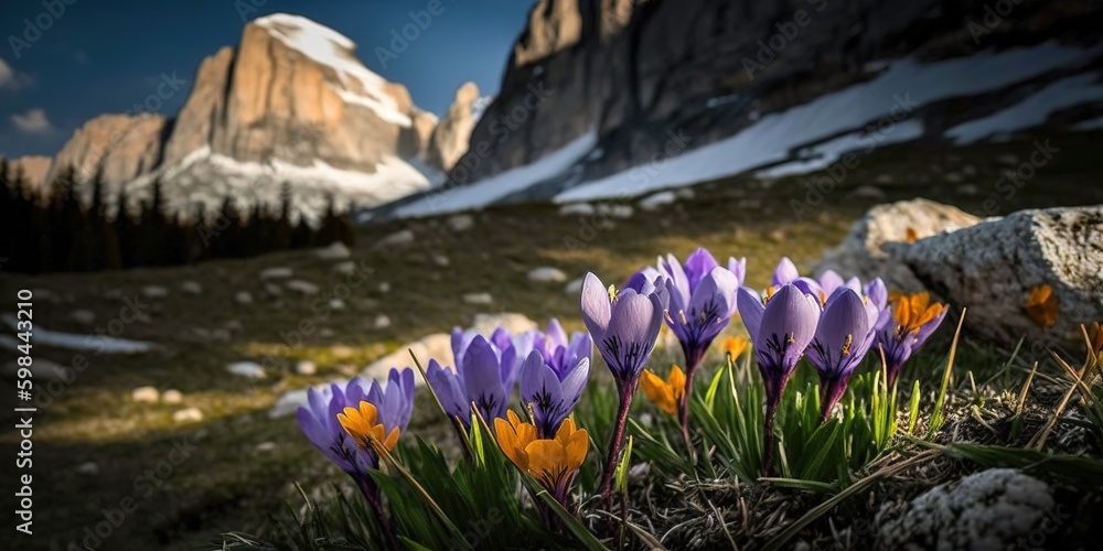 Poster crocus in a meadow in the dolomites, italy generative ai generative ai