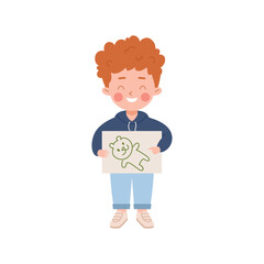 Happy little boy holding paper with bear drawing flat style