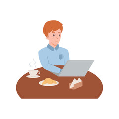 Smiling copywriter boy working on laptop in cafe flat style