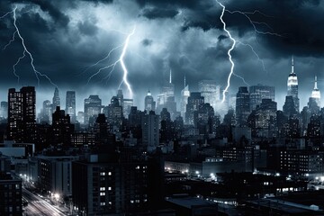 city skyline with dramatic lightning strikes in the background. Generative AI