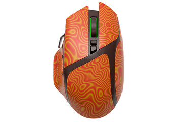 Wireless gaming computer mouse with seamless wavy pattern on white background