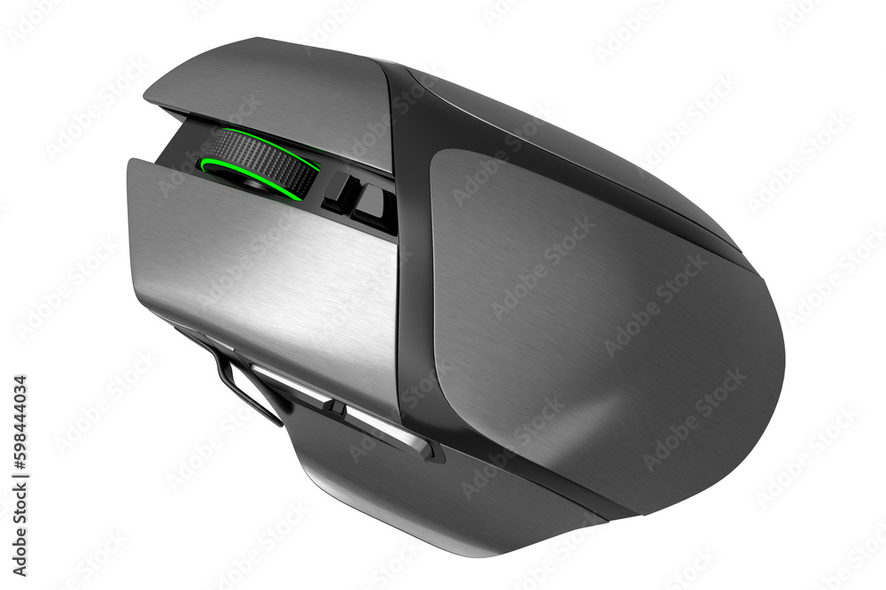 Poster wireless gaming computer mouse with metallic chrome texture on white background