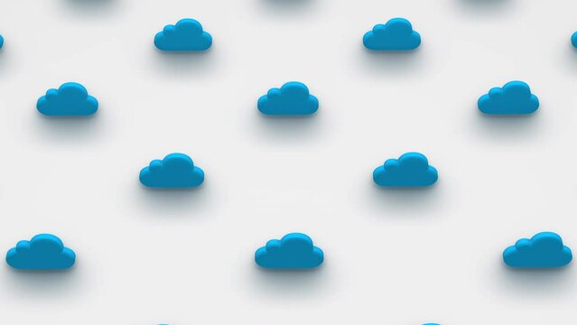 Futuristic 3d render of grid of blue cloud shapes in isometric view and moving camera around. Computer generated loop animation. Cloud technology pattern, 4K seamless animated tech background