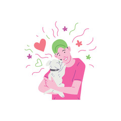 Happy man hugging little dog or puppy, cartoon flat vector illustration isolated on white background.