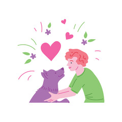 Child hugging cute funny dog flat cartoon vector illustration isolated on white.