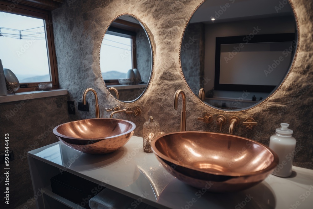 Poster modern bathroom with double sinks and a circular mirror. generative ai