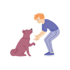 Man trains his dog and teaches him to give a paw, flat cartoon vector illustration.
