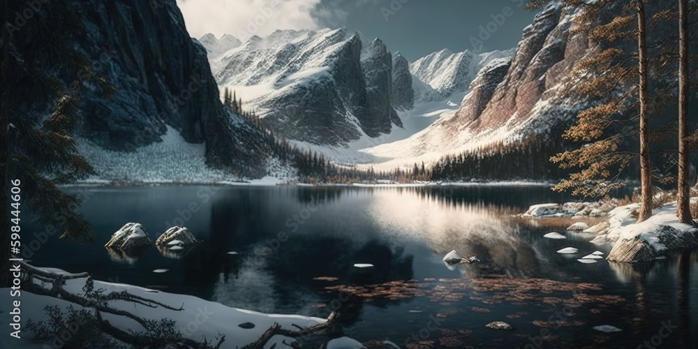 Poster amazing panoramic view of a snowy, rocky park with a lake and a mountain in the distance. generative